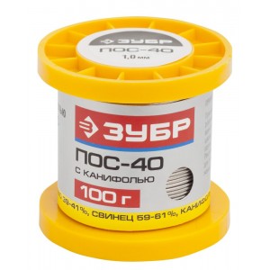 Припой, ПОС 40, трубка с канифолью, 100г, 1мм Зубр 55451-100-10C
